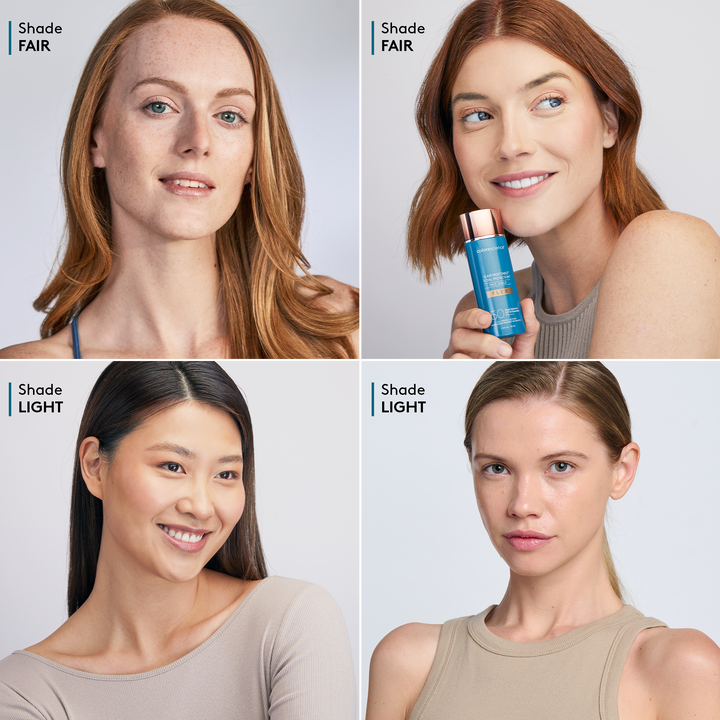 top row: two models wearing Fair, bottom row: two models wearing Light || all