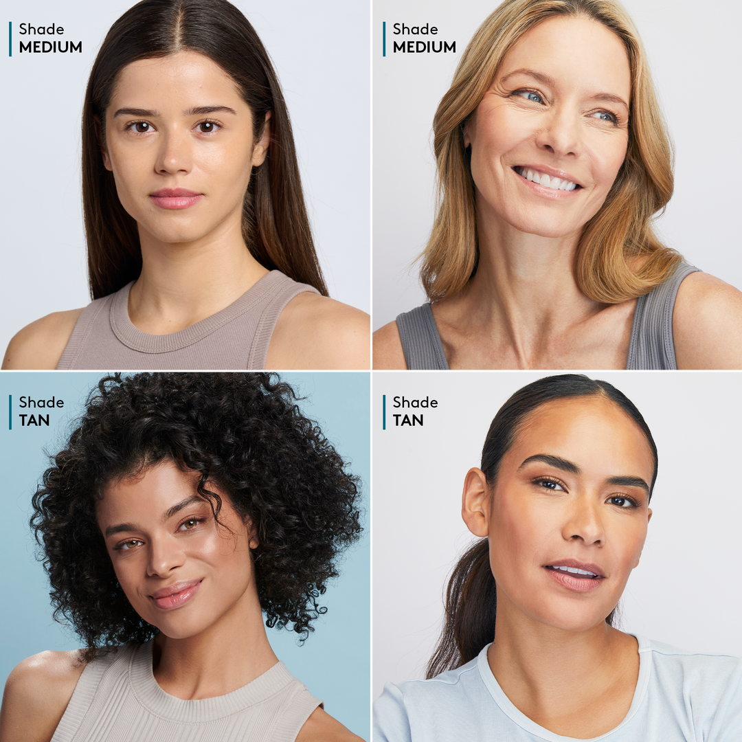 top row: two models wearing Medium, bottom row: two models wearing Tan || all