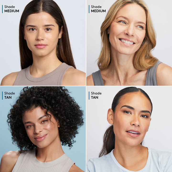 top row: two models wearing Medium, bottom row: two models wearing Tan || all