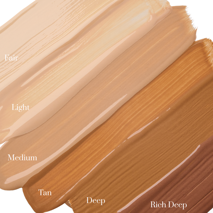 Face Shield Flex swatches in Fair, Light, Medium, Tan Deep and Rich Deep || all