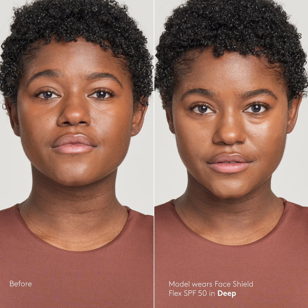 Sunforgettable® Total Protection™ Face Shield SPF 50 Flex before and after on model in Deep || Deep