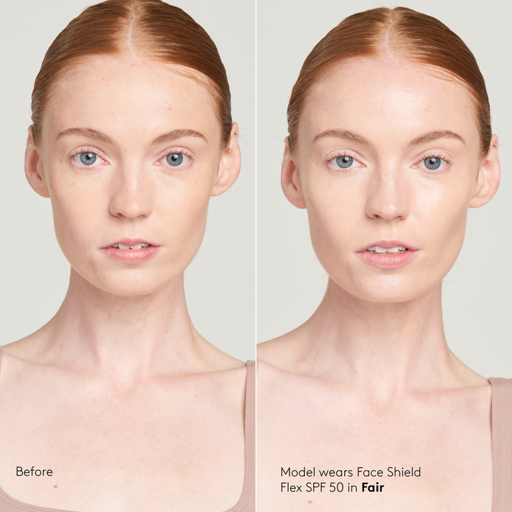 Sunforgettable® Total Protection™ Face Shield SPF 50 Flex before and after on model in fair || Fair