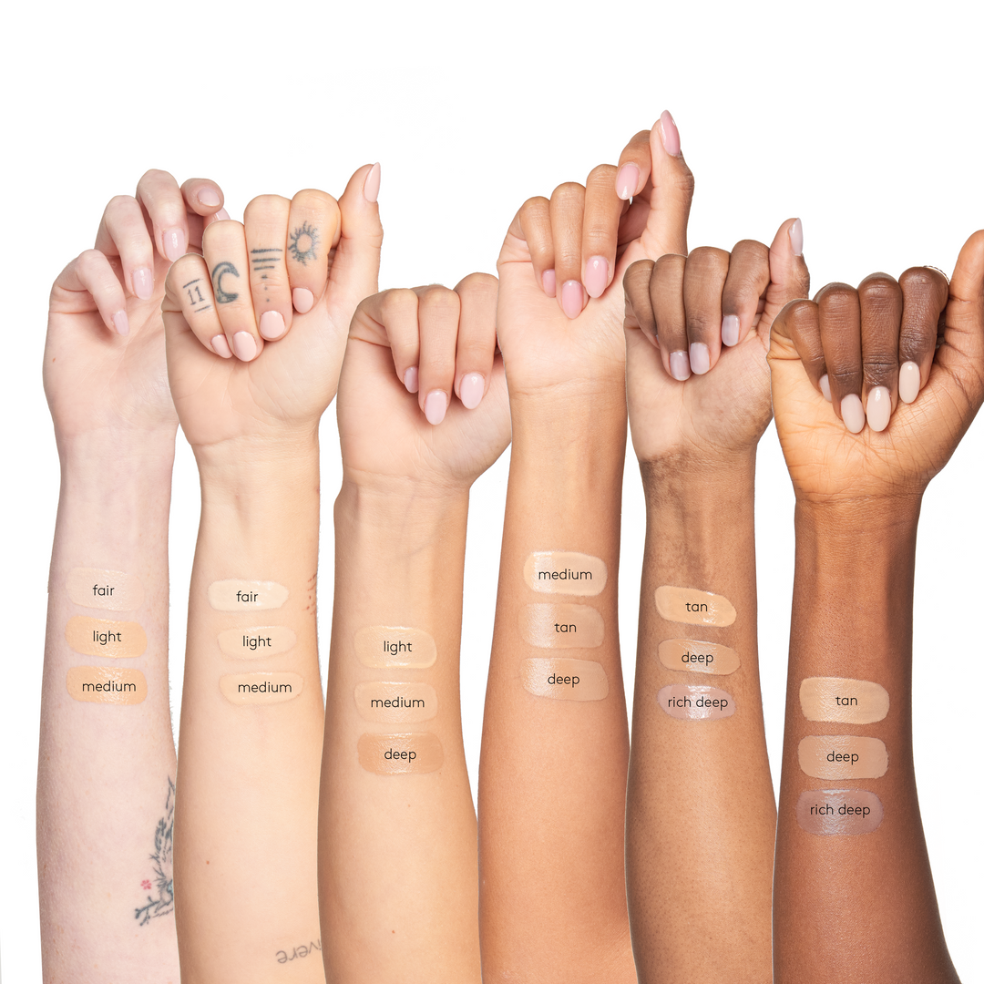 Sunforgettable® Total Protection™ Face Shield Flex SPF 50 arm swatches on fair light medium tan deep and rich deep skin tones || all