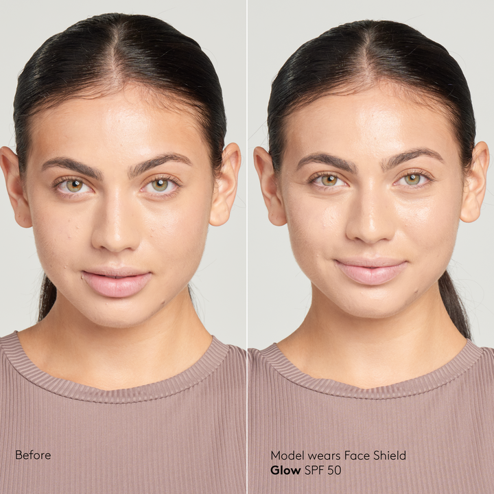 Model with medium skin tone wearing Sunforgettable® Total Protection™ Face Shield Glow SPF 50 before and after || all
