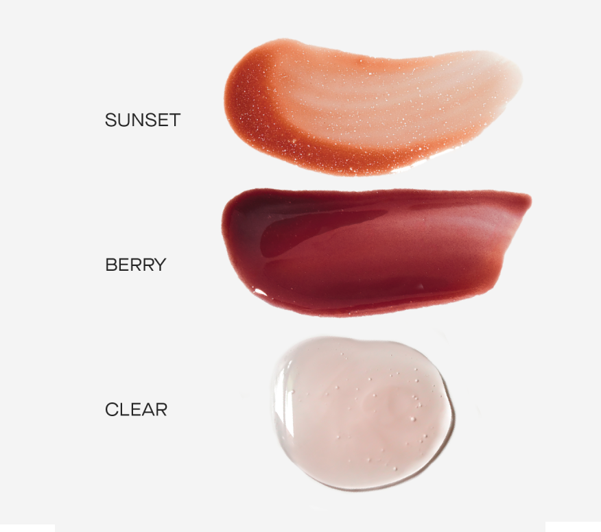Three lip gloss swatches labeled 'Sunset', 'Berry', and 'Clear' on a white background.